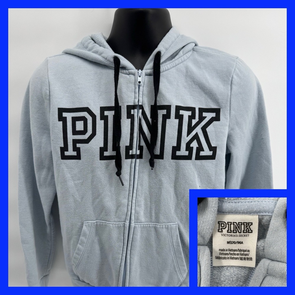 PINK Victoria's Secret Hoodie Womens Medium Blue Full Zip Logo Fleece Sweatshirt
